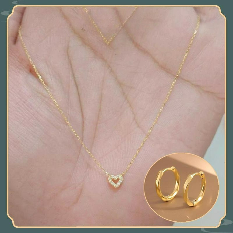 CODOriginal 18k Saudi gold 99.99% ชุดต่างหูห่วงสร้อยคอรูปตัว O หัวใจเพทาย 18