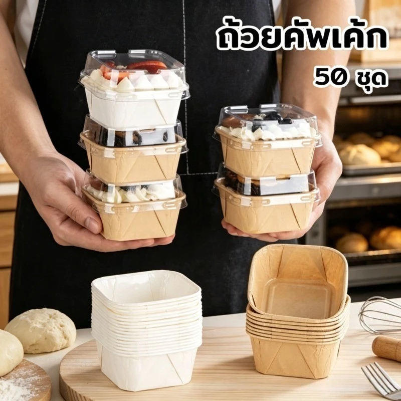 ถ้วยอบขนมกระดาษสี่เหลี่ยม พร้อมฝา ทนต่ออุณหภูมิสูง กันมันไม่รั่ว ถ้วยคัพเค้กคุณภาพดี 50ใบ/แพ็ค