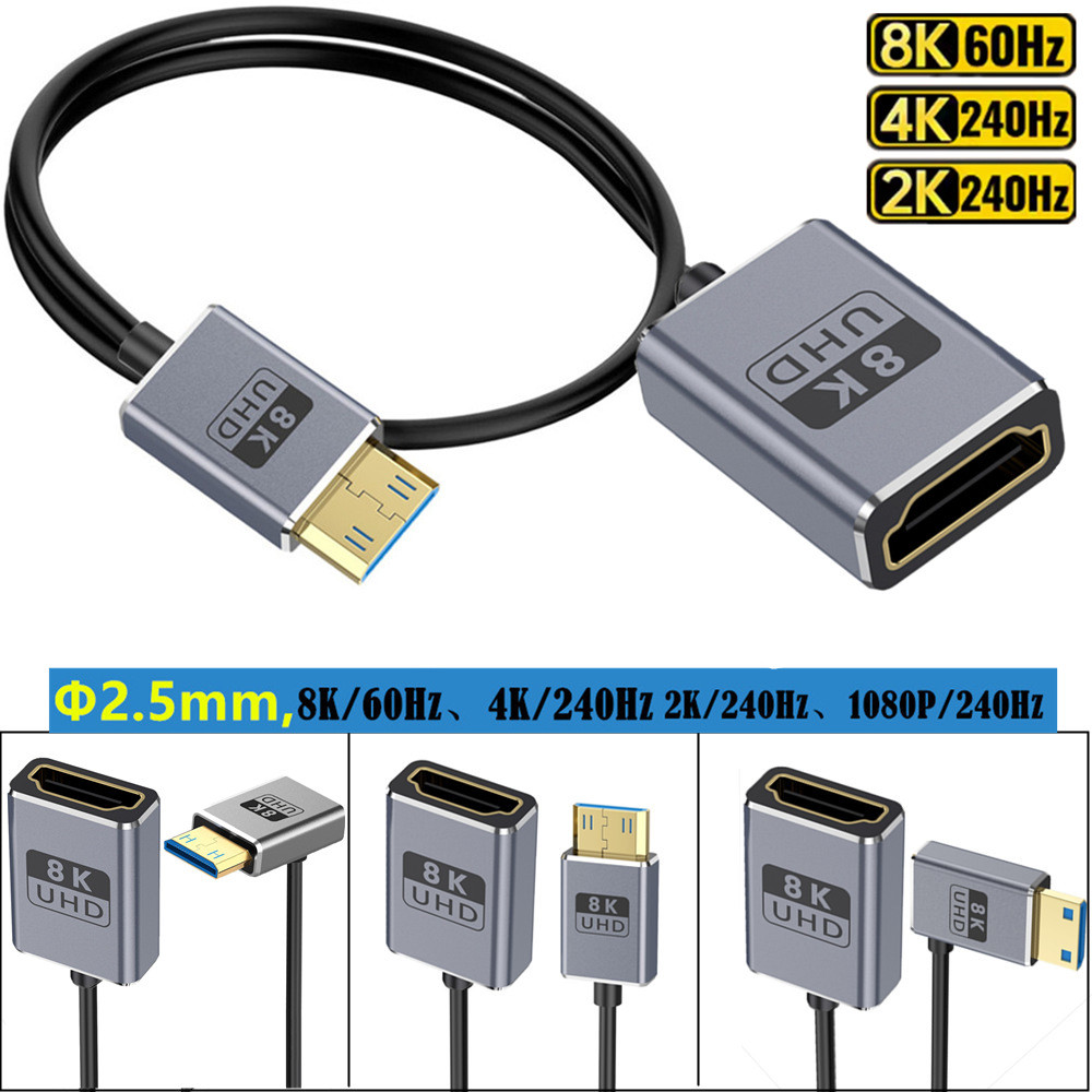 Mini HDMI Male to HDMI 2.1 Female Extension Coaxial Cable 90 Dregee Mini HDMI Plug, 4K@120Hz/8K@60Hz