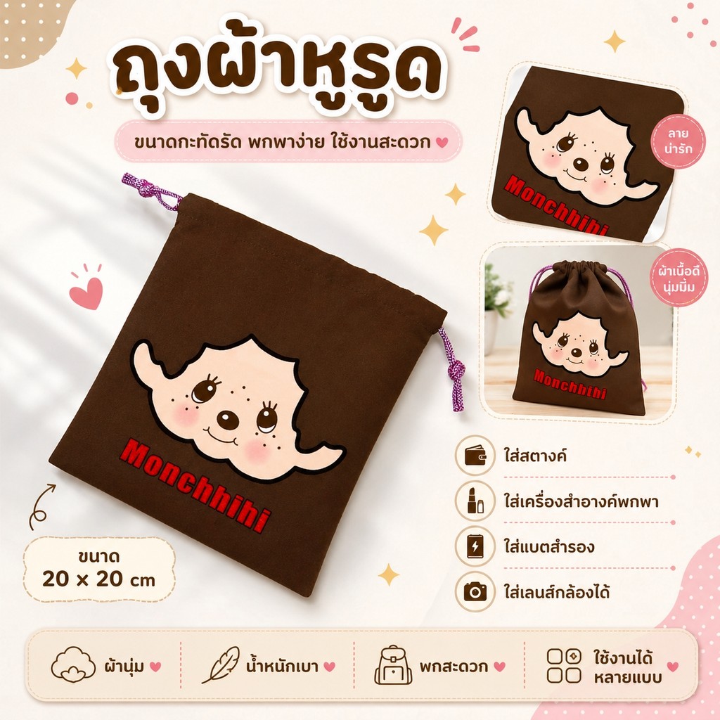 เบื่อไหมกับการหาของในกระเป๋าไม่เจอ? ถุงผ้าหูรูด  ใส่สตางค์ เครื่องสำอางค์พกพา แบตสำรอง เลนส์กล้องได้ ขนาด 20×20 cm