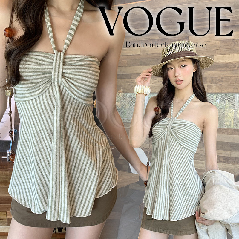 Vogue🌟พร้อมส่ง🌟 เสื้อคล้องคอลายทาง ผ้าพริ้วดีไซน์สวยงาม ชุดวันหยุดสำหรับสาวๆ  (FY8326)