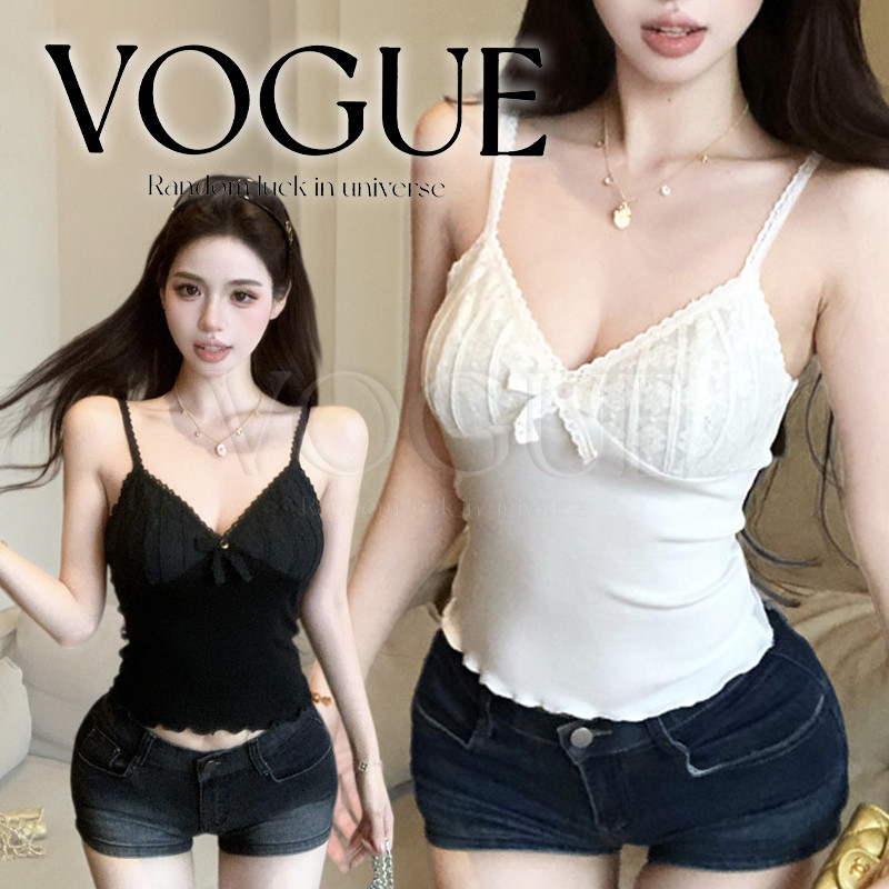 Vogue🌟พร้อมส่ง🌟 เสื้อสายเดี่ยวคอวี แต่งโบว์ ดีเทลขอบหยัก มีฟองน้ำ สไตล์เกาหลี (FY7033)
