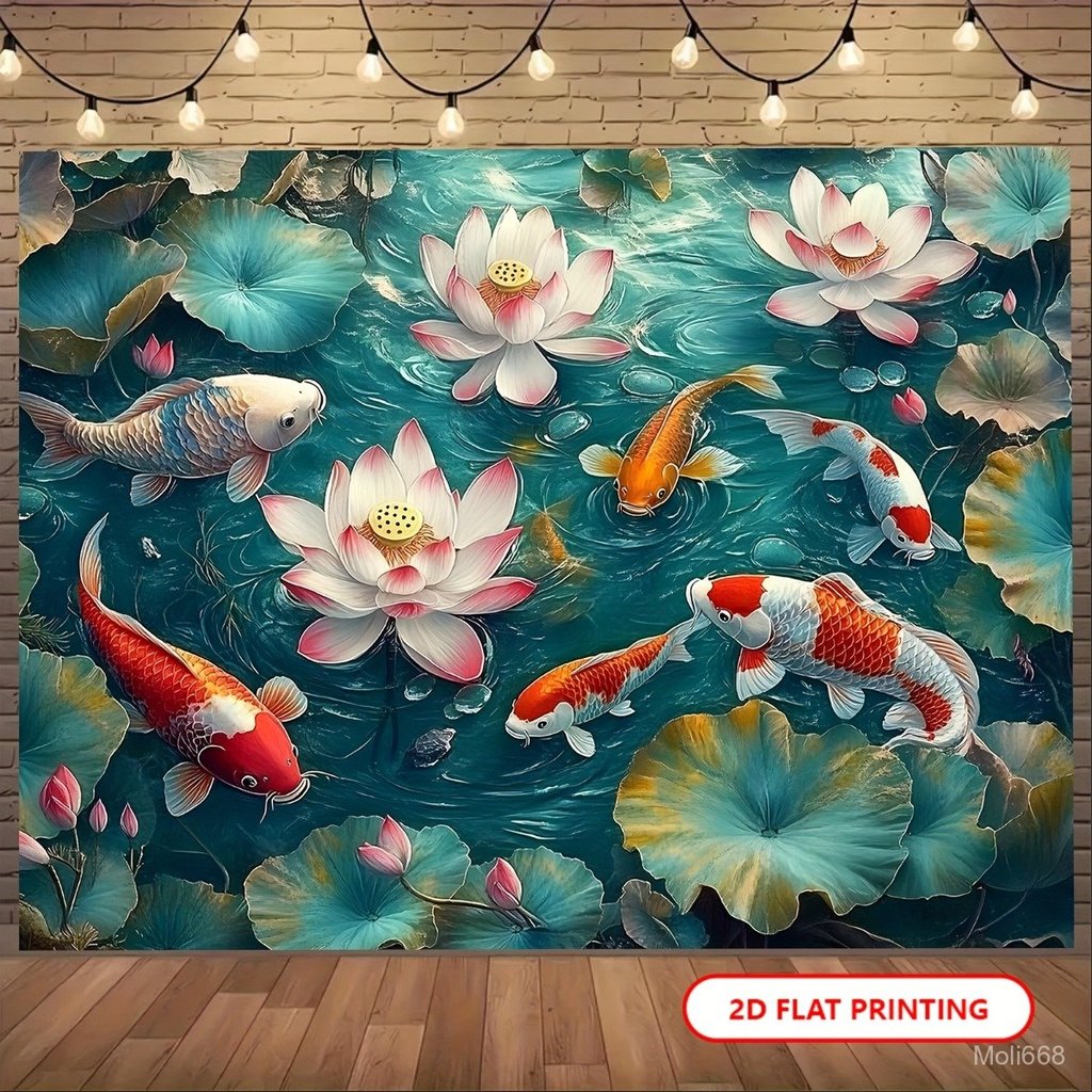 2D Flat, 1pc 2D Flat Carp And for Lotus Pond Pattern Background Cloth Backdrop Banner Backdrop Photo