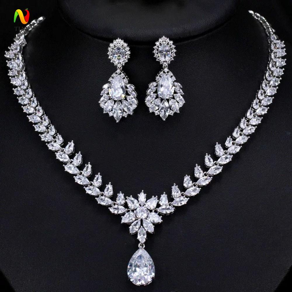 INQUIRY IMPACT สร้อยคอชุดต่างหู, ชุดเครื่องประดับเจ้าสาว Rhinestone หยดน้ําตา, สร้อยคอเค้นคอเงาแข็งแ