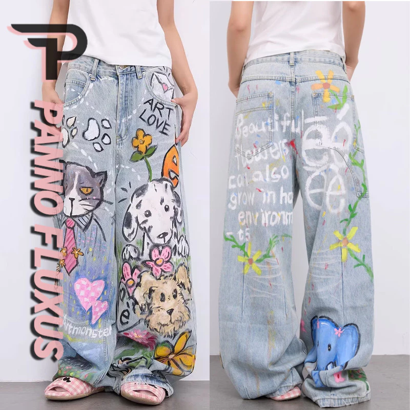 PannoFluxus กางเกงยีนส์ผู้ชายอเมริกันแบรนด์อินเทรนด์ cool มีสไตล์ graffiti พิมพ์คุณภาพสูงเป็นกลาง