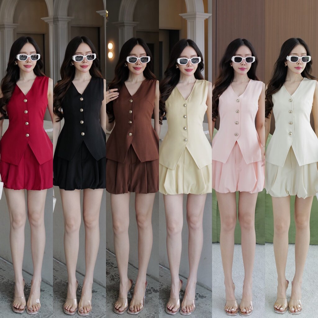 #5560 HILOOK ชุดเชต เสื้อแขนกุดกนะดุมหน้าสีทอง กระดุมจริง มีชับใน+กระโปรง
