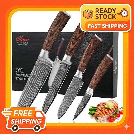 Wakoli EDIB Damascus knife set, set of 4 knives, VG10 core, 67-layer Damascus steel, Pakka wood hand