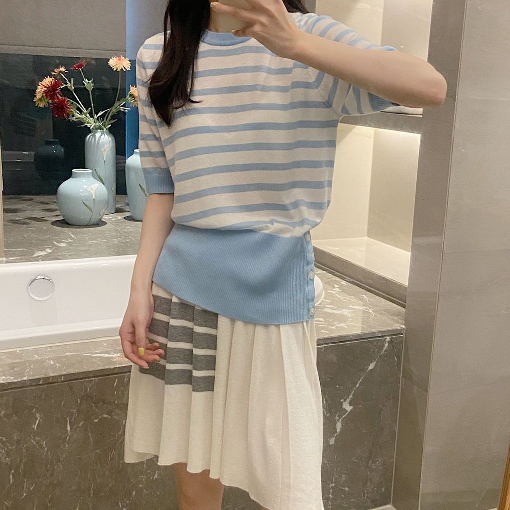 MEPD Tom Browne Age-Reduction Preppy สไตล์ลายขนสัตว์เสื้อถักแขนสั้นเสื้อยืดผู้หญิงฤดูร้อนแคบ-เอว Sli