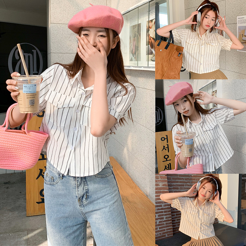 Akifoon✨พร้อมส่ง！เสื้อเชิ้ตครอปลายทางวินเทจแขนสั้น สไตล์เกาหลีน่ารัก ใส่ลำลองได้สวยมากค่ะ #W264