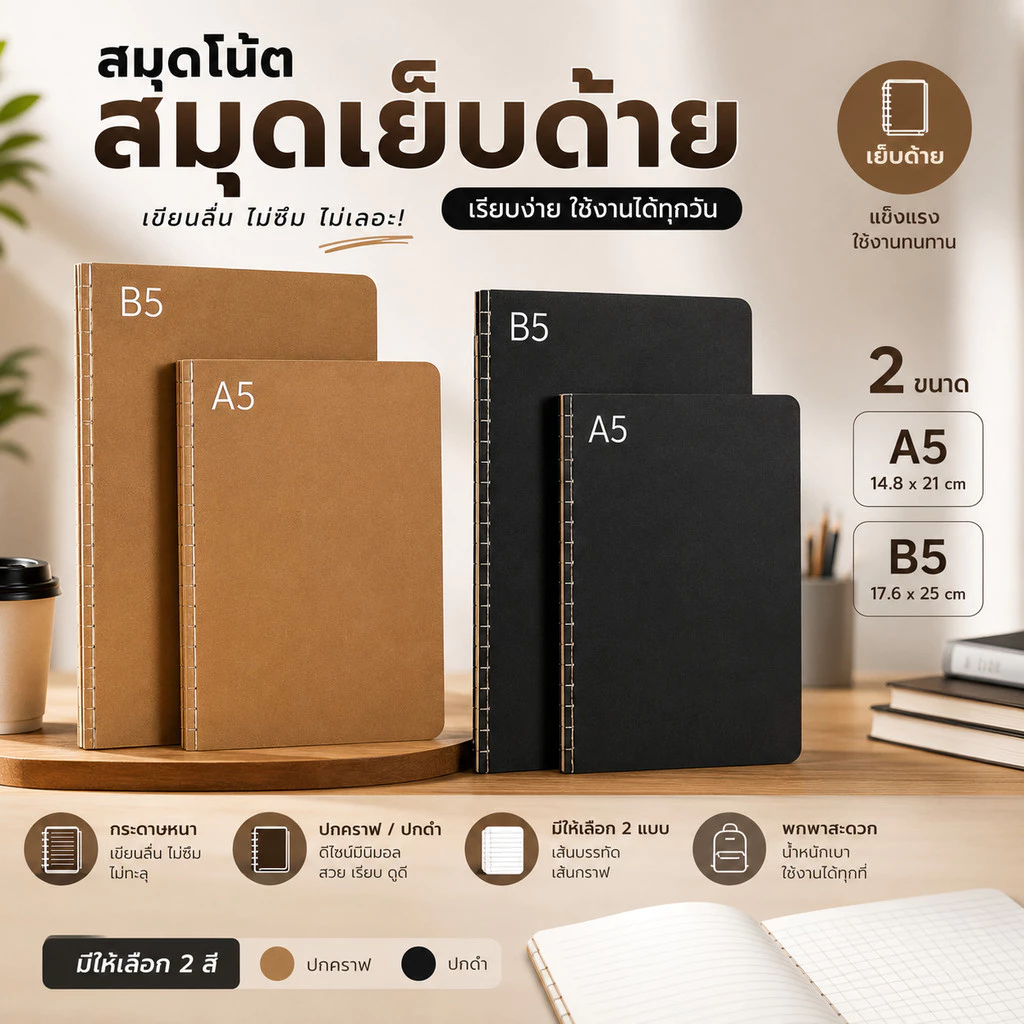 สมุดโน๊ต สมุดเย็บด้าย ปกคราฟ ปกดำ ปกน้ำตาล กระดาษมีเส้น เส้นกราฟ ขนาด A5 B5 สมุดจด สมุดเรียน สมุดบันทึก