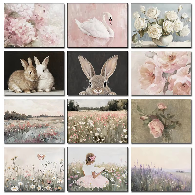 Vintage ฤดูใบไม้ผลิดอกไม้ป่ากุหลาบสีขาว Clouds Swans Bunny โปสเตอร์พิมพ์ผ้าใบภาพวาด Wall Art ภาพห้องนั่งเล่นตกแต่ง