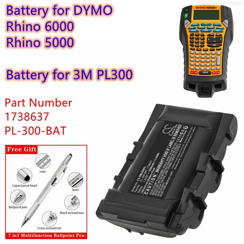 แบตเตอรี่เครื่องพิมพ์แบบพกพา 7.4V/1600mAh 1738637, PL-300-BAT สําหรับ DYMO Rhino 6000, 5000, สําหรับ