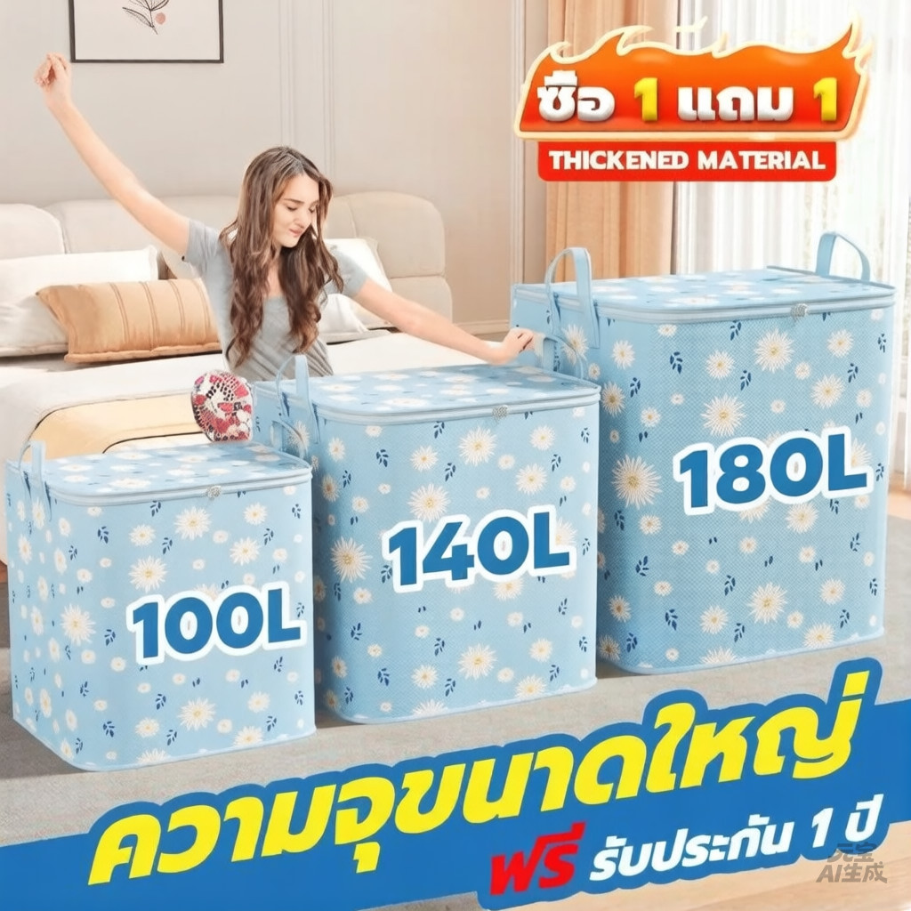 ถุงเก็บของ 100L-180L กระเป๋าใส่ผ้านวม ขนาดใหญ่ ผ้าหนา กันฝุ่น พับได้ มีซิป
