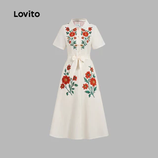 Lovito เดรสฤดูร้อน/ฤดูใบไม้ผลิแบบกระดุมหน้าพร้อมเข็มขัดสําหรับผู้หญิง ใส่ลําลอง LBL35119