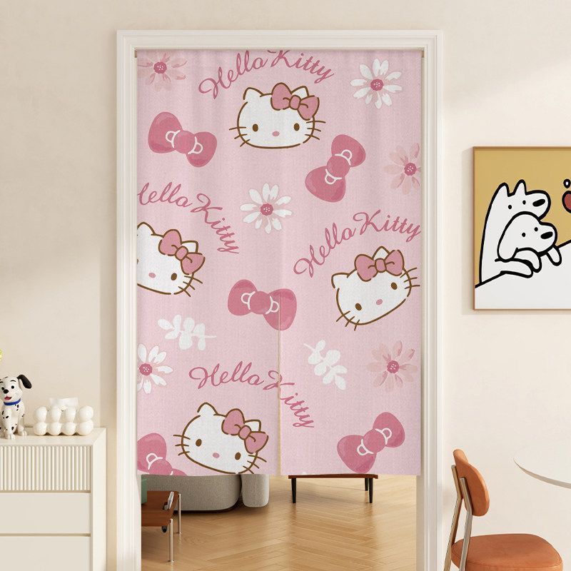 Sweet Hello Kitty Themed Noren Curtain, Soft Pink Fabric Partition Curtain for Kids Room/Entryway, Kawaii Home Decor