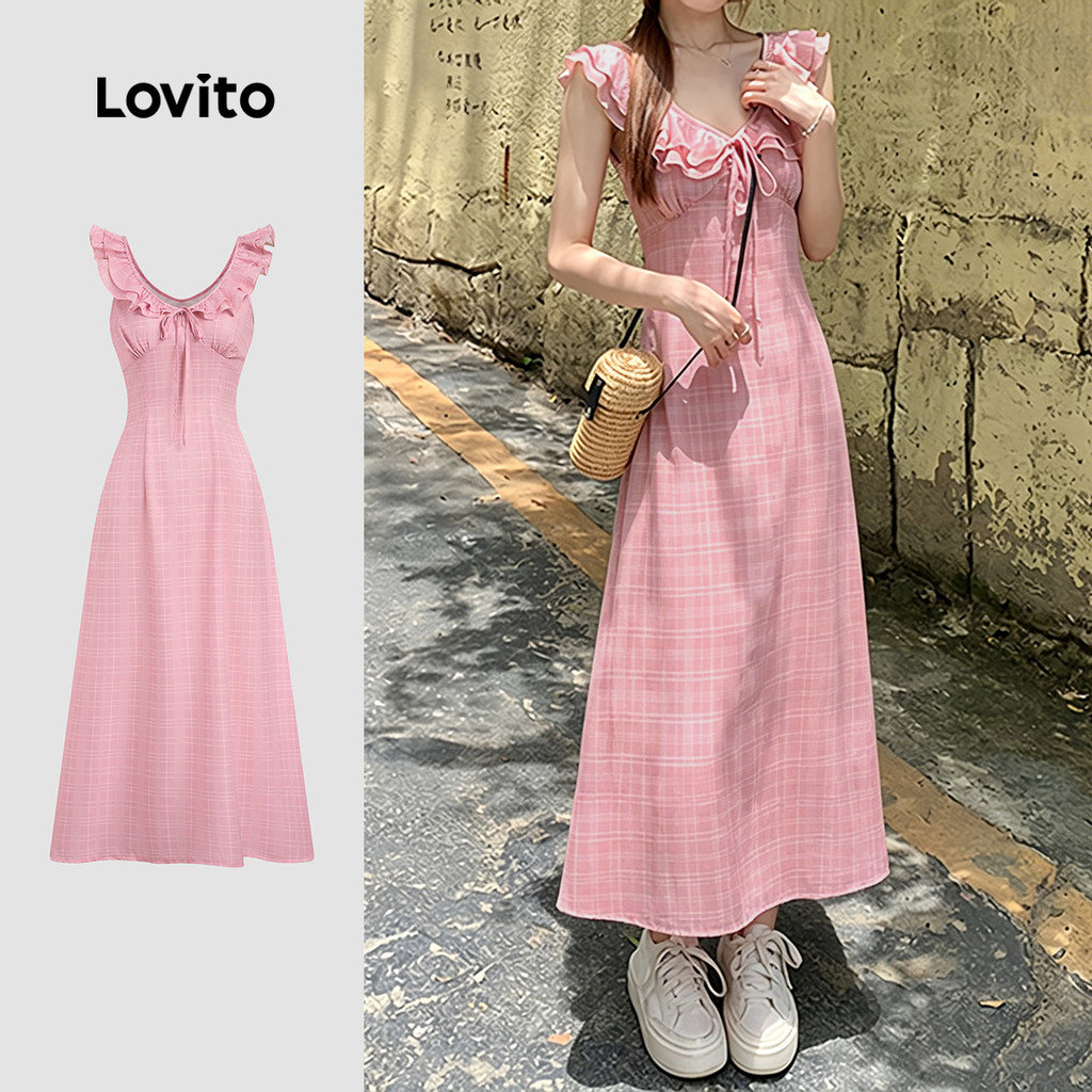 Lovito เดรสสีชมพูฤดูใบไม้ผลิ/ฤดูร้อนสําหรับผู้หญิงแบบลําลอง แต่งระบาย เรียบง่าย สบายตา LK4AD446