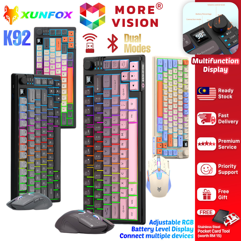 XUNFOX K920 คีย์บอร์ดไร้สายบลูทูธโหมดคู่ 2.4GHz E-Sports Gaming RGB Backlit PC แล็ปท็อปชาร์จจอแสดงผล