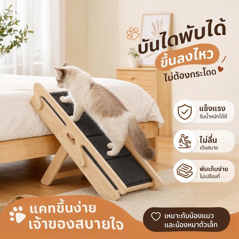 บันไดสัตว์เลี้ยง สุนัข แมว ปรับระดับได้ พับเก็บได้ ไม้แท้ แข็งแรง กันลื่น ปลอดภัย สำหรับขึ้นเตียง