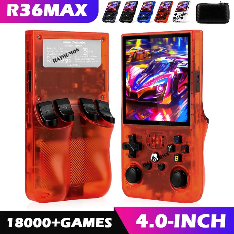 R36 Max คอนโซลเครื่องเล่นเกมมือถือ 4 "หน้าจอ IPS HD คอนโซลเปิดเครื่องเล่นวิดีโอกระเป๋า Retro 64G/128