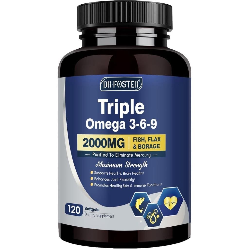 Triple Omega 3-6-9 Fish Oil 2000mg พร้อมวิตามินอี - อาหารเสริมกรดไขมัน EPA & DHA - รองรับหัวใจ สมอง 