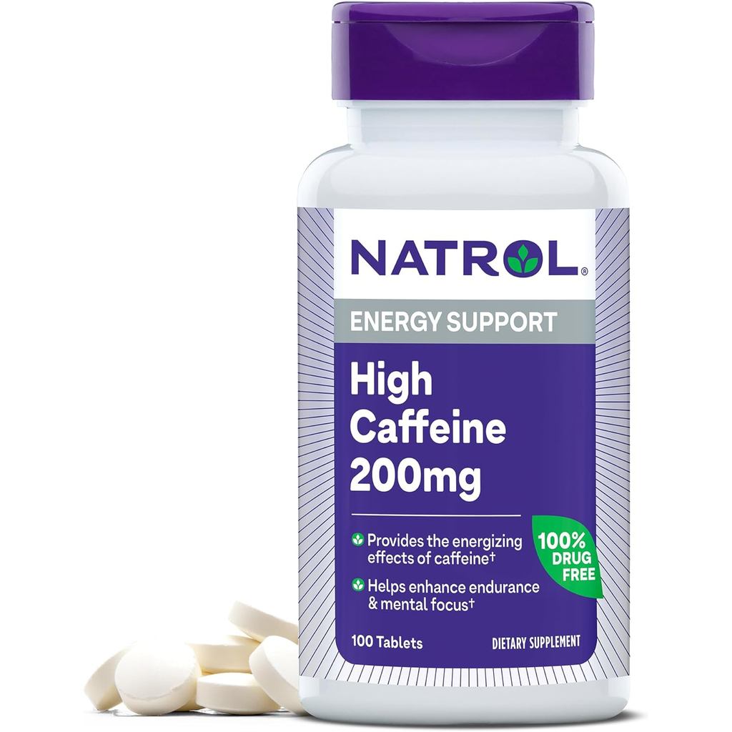 Natrol High Caffeine 200 มก. ต่อเสิร์ฟ, ขยายพอร์ตพลังงานสําหรับผู้ใหญ่, 100 เม็ด, 100 วัน ply