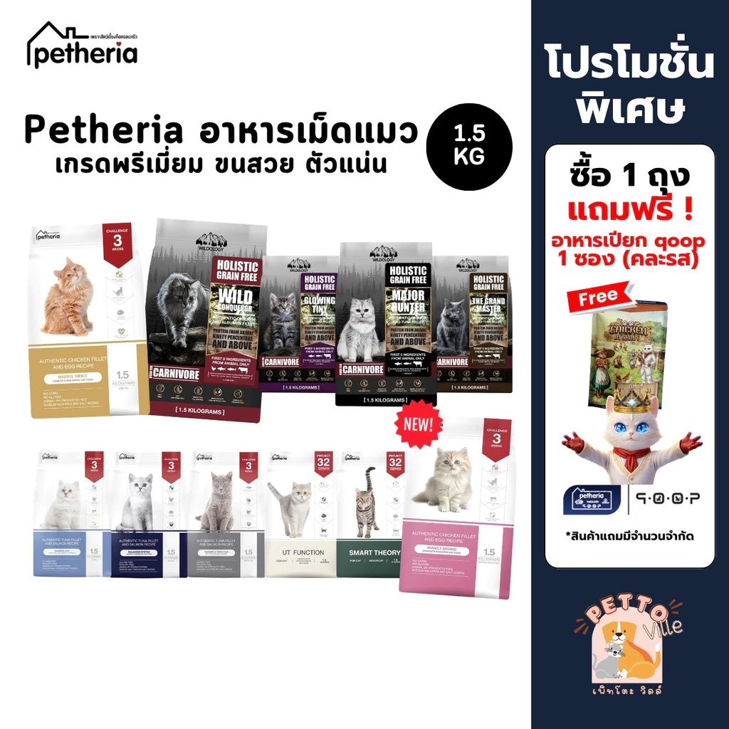 Petheria อาหารแมวเพ็ทเทอเรีย ขนาด 1.5kg ลูกแมว แมวโต Gluten-free ไม่เติมเกลือ