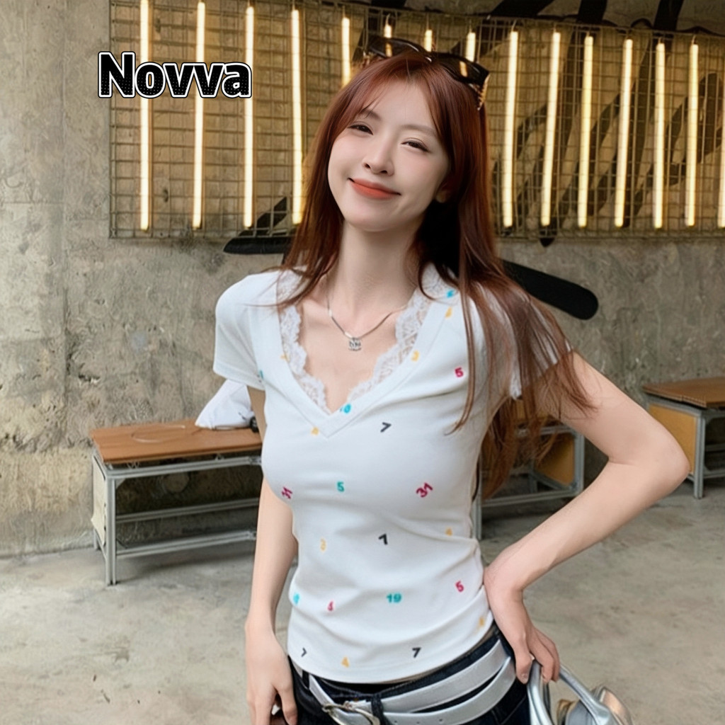 Novva ส่งไวจากไทย เสื้อแขนสั้น คอวี ลายตัวเลข สีคัลเลอร์ฟูล น่ารัก สไตล์เกาหลี ใส่สบาย