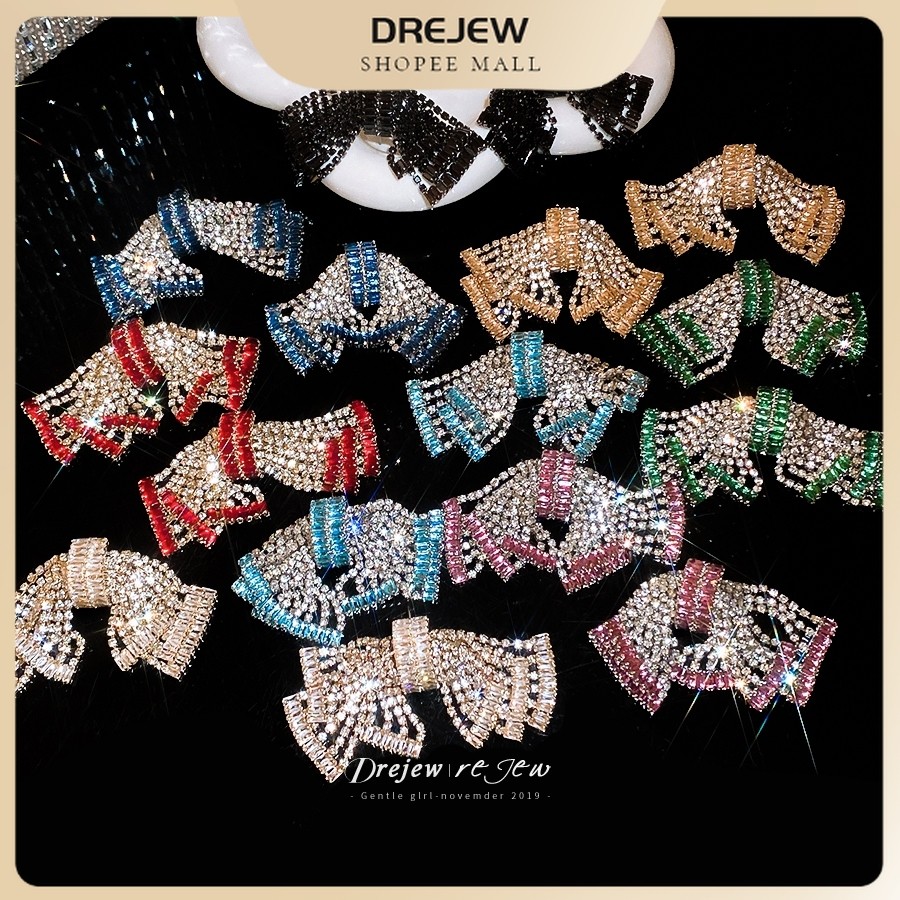 ต่างหูพู่ Rhinestone Baguette หลากสี ขอบเงางาม สไตล์ชุดราตรียอดนิยม