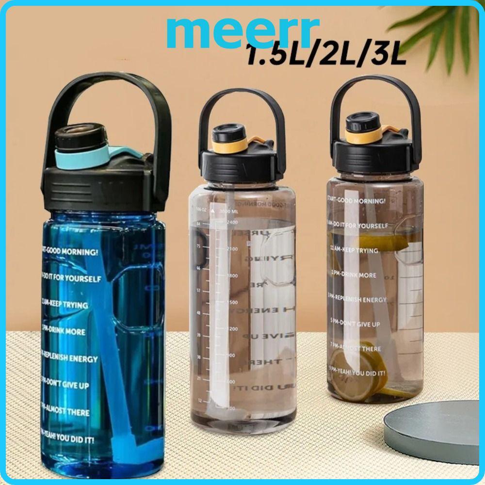 MEERR ขวดน้ํากีฬา, 1.5L/2L/3L พร้อมขวดเครื่องดื่มมาร์กเกอร์เวลา, กาต้มน้ําเดินทางความจุขนาดใหญ่น้ําหนักเบารั่วซึม
