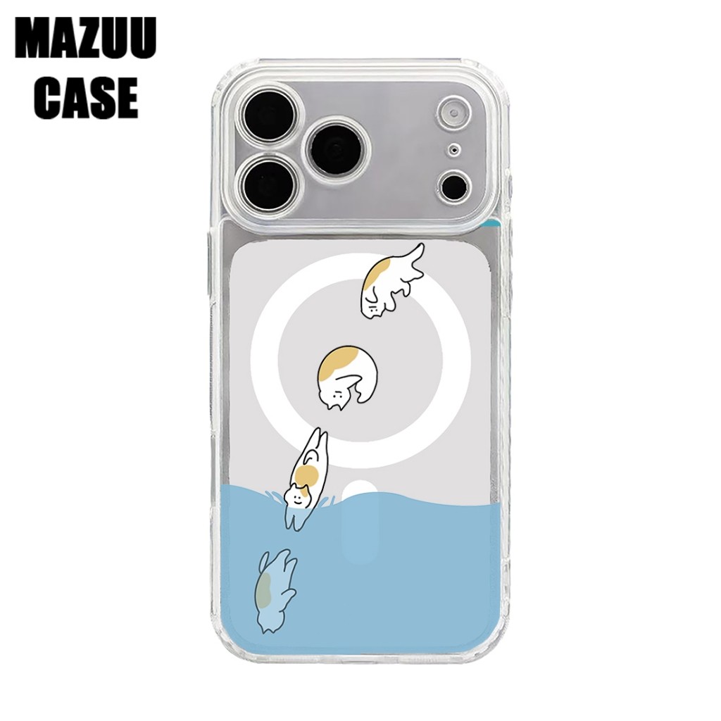 เคสไอโฟน แม่เหล็กใส TPU ครอบเลนส์เต็มตัว ลายแมวโดดน้ำสไตล์คาวาอี้ iPhone 17 16 15 14 13 12 11 Pro Max Plus