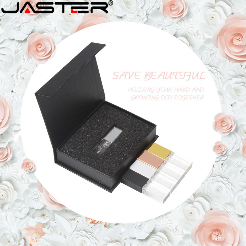 JASTER ฟรีโลโก้ที่กําหนดเอง USB 2.0 แฟลชไดรฟ์ 128MB คริสตัล + กล่องสีดําไดรฟ์ปากกา 4GB สตูดิโอถ่ายภาพ Flashdrive 8GB 3D เลเซอร์ Pendrive 16GB การพิมพ์สี Memory Stick 32GB