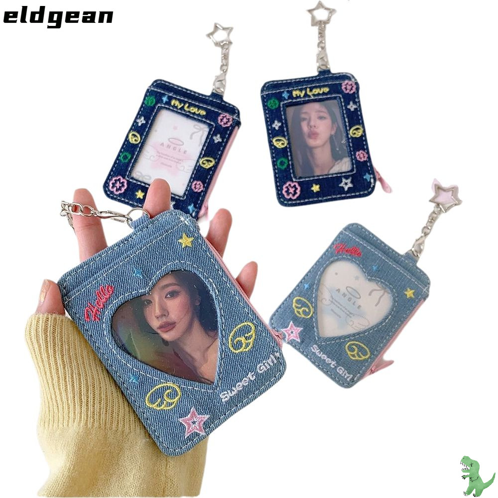 ELDGEAN ผู้ถือบัตร 3 นิ้ว พร้อมพวงกุญแจ สำหรับภาพถ่ายและบัตรสะสม K-Pop Idol Y2K Denim Style