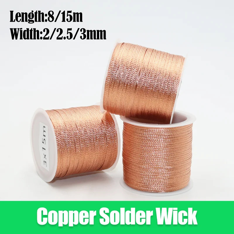 ความยาว 15M 8M Desoldering Braid ทองแดงลวดกว้าง 2 2.5 3 มม.Solder Wick Remover ลวดเชื่อมดีบุกโทรศัพท
