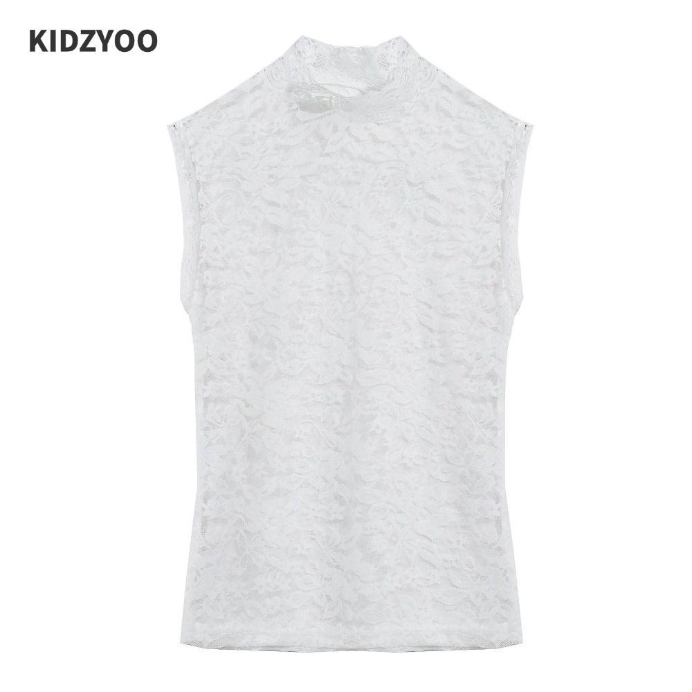 KIDZYOO เสื้อลูกไม้ ขนาด L-3XL สีดำสีขาบ ลายดอกไม้ ครึ่งคอปกสูง แขนกุดผู้หญิง