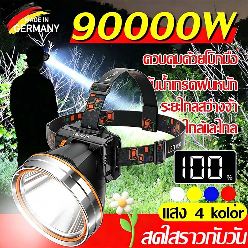 Worker รับประกัน 10 ปี P120ไฟฉายคาดหัวแรงสูง กำลังไฟสูง มองเห็นได้ไกลถึง 5KM LED9000000w ใช้ต่อเนื่อง 24/200ชั่วโมง