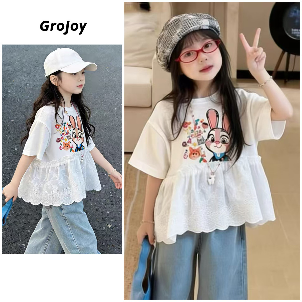 เสื้อยืดกระต่ายการ์ตูนสำหรับเด็กผู้หญิง มีรายละเอียดเย็บชายลูกไม้ เหมาะสำหรับหน้าร้อน