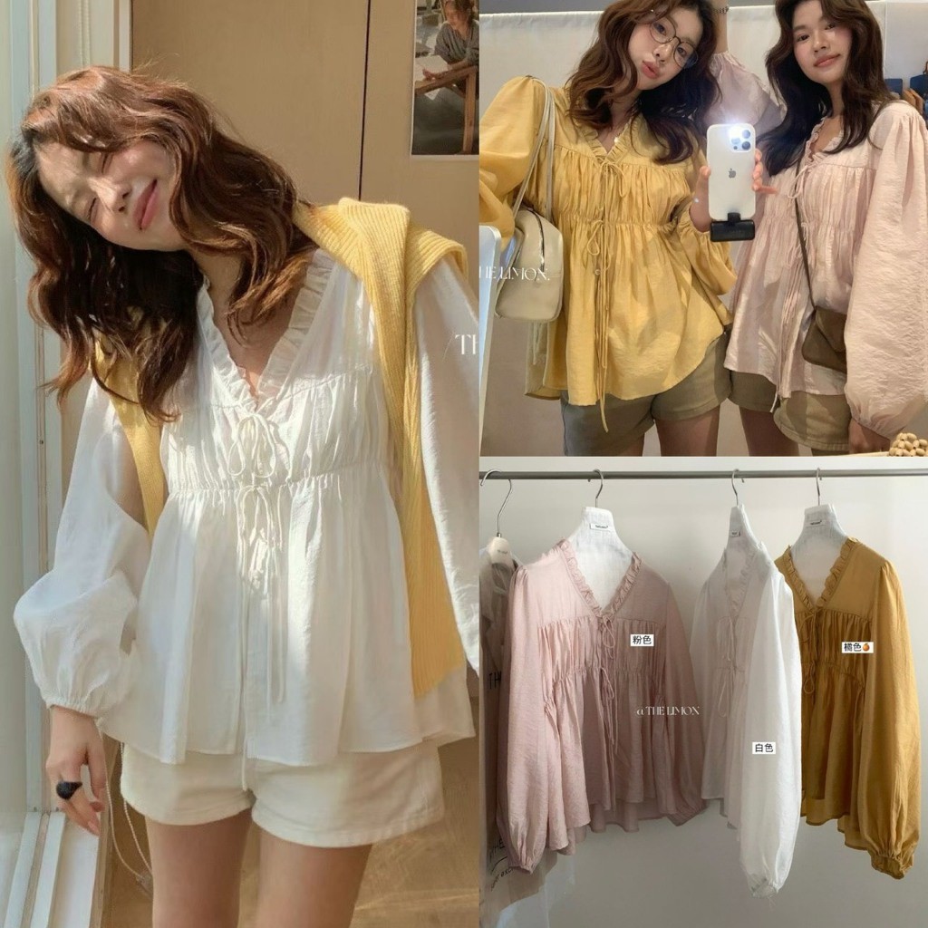 ❤ ❤ 🧵 🇰🇷 LM10321 เสื้อคอวีแขนยาว จั๊มปลายแขน ช่วงอกแต่งโบว์ ทรงปล่อย ผ้าดีใส่สบาย แฟชั่นเกาหลี TAG LEMON  🧡