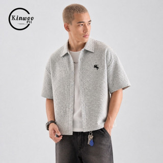 Kinwoo Loose Fit Drop Shoulder Shirt Boxy Crop Polo Shirt For Men Textured Jacquard Embroidered T671
