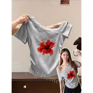 (จัดส่งตลอด 24 ชั่วโมง) M-4XL เสื้อครอปลายดอกไม้สงกรานต์ เสื้อปาดไหล่ เสื้อวงกรานต์สาวอวบอ้วน มีหลายสีให้เลือก คุ้มมาก