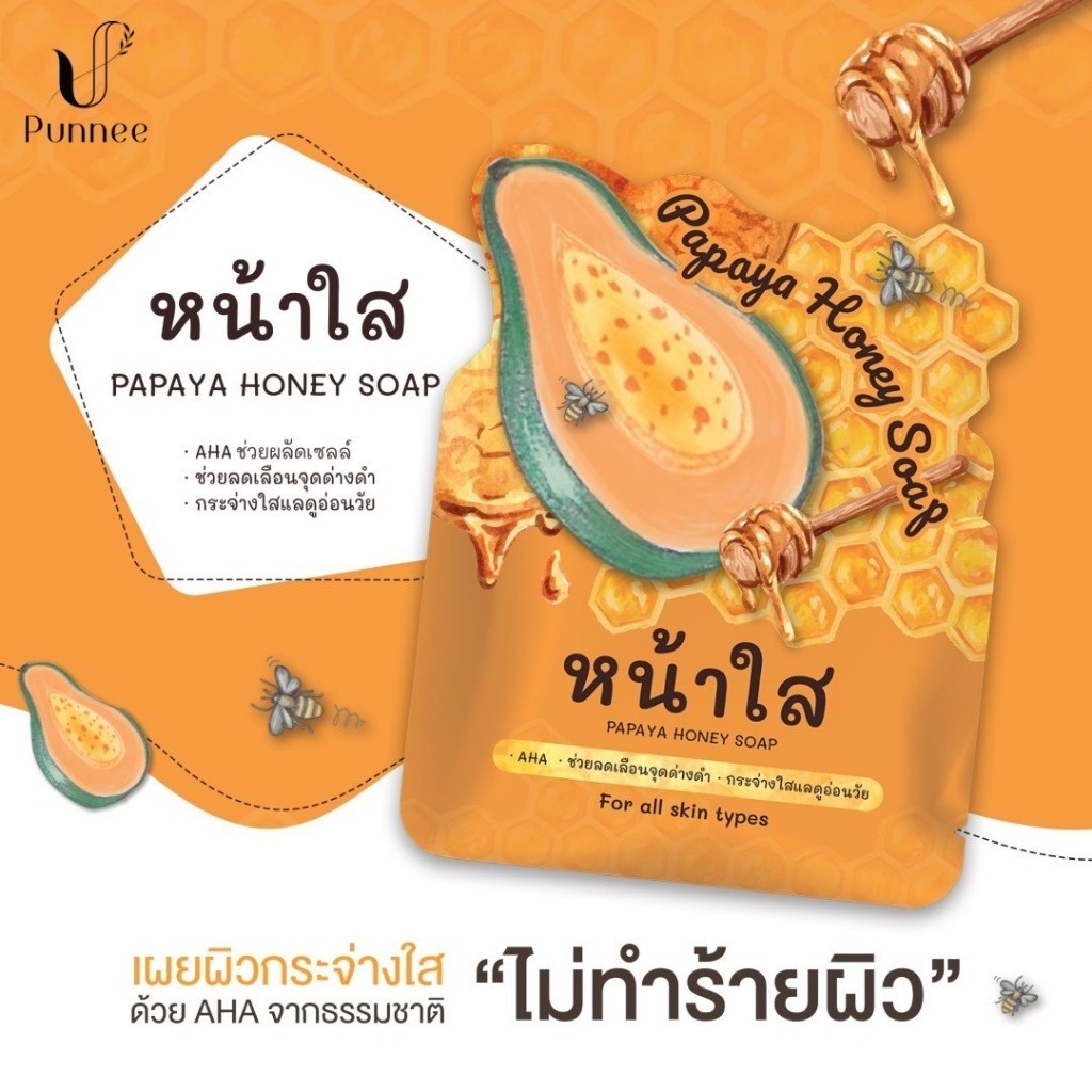 แพ็คเก็ตใหม่ Papaya honey soap สบู่มะละกอน้ำผึ้ง ปัญหาสิว ผิวหน้าหมองคล้ำ New Princess Cosmetic 60g.