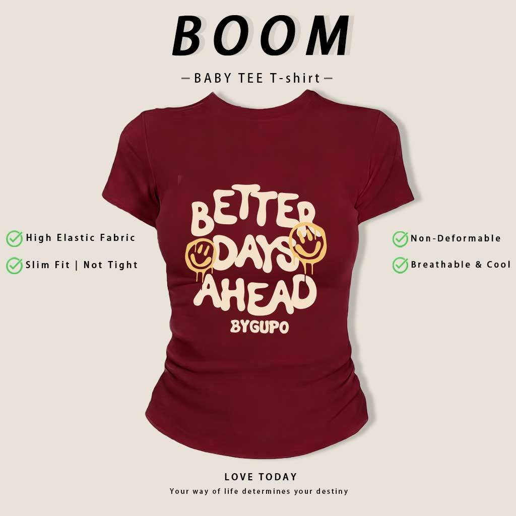 COD(จัดส่งภายใน 24 ชั่วโมง)BOOM เสื้อยืด  เกาหลี เสื้อครอปเข้ารูปbaby tee สาวอวบ y2k เสื้อยืดลายสไมล์ สไตล์สตรีท สดใส