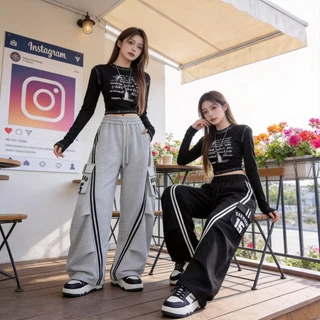 กางเกงวอร์มขากว้างลายทาง ทรงหลวมสไตล์แบรนด์ฮิตอเมริกัน