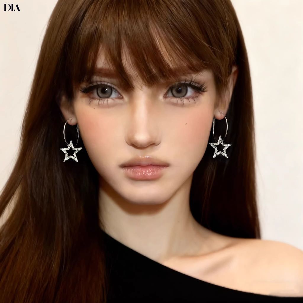 Sweet Cool Y2K Zircon Five-Pointed Star Round Ring Temperament High-End ต่างหู