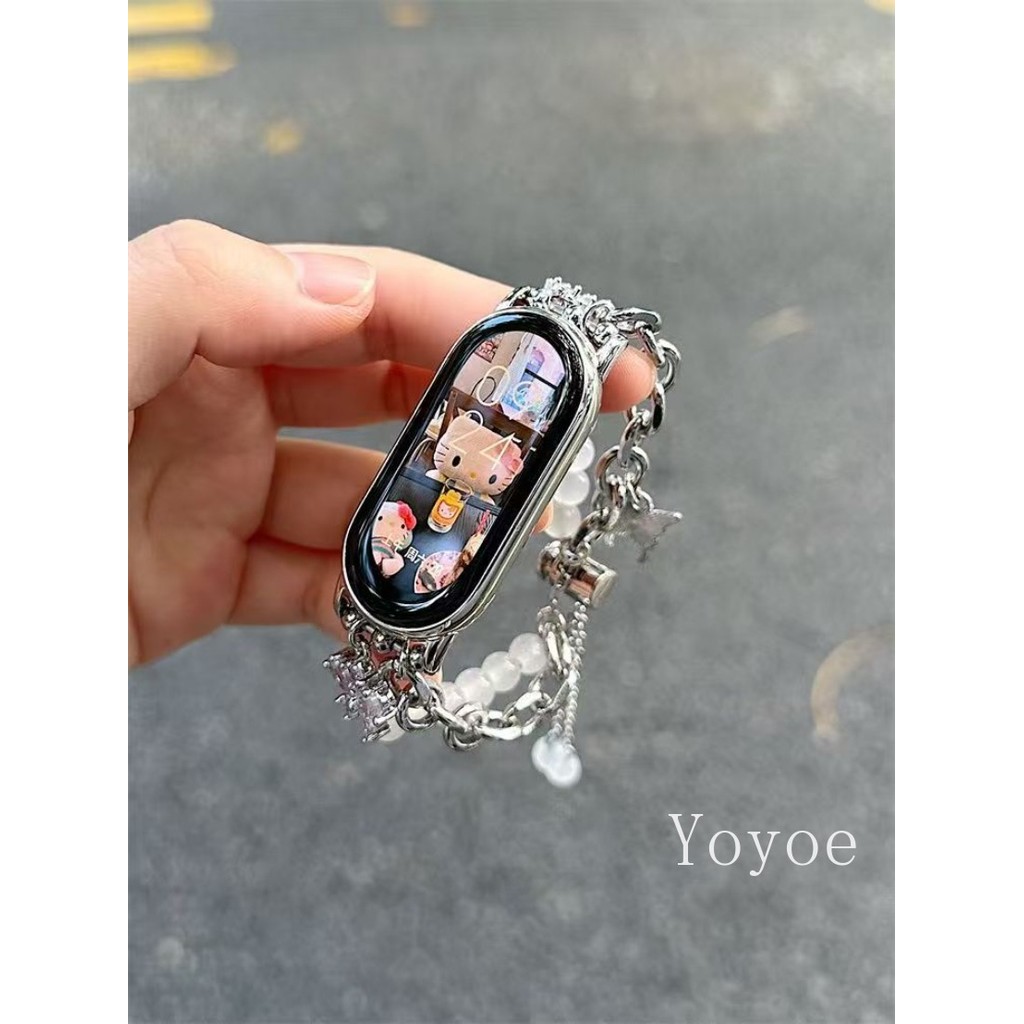 แก้วลูกปัดสําหรับ Xiaomi miBand 10 9 8 7 6 5 4 3 สร้อยข้อมือสําหรับ xiaomi 9pro 10pro สร้อยข้อมือลูกปัดคริสตัลโซ่โลหะ