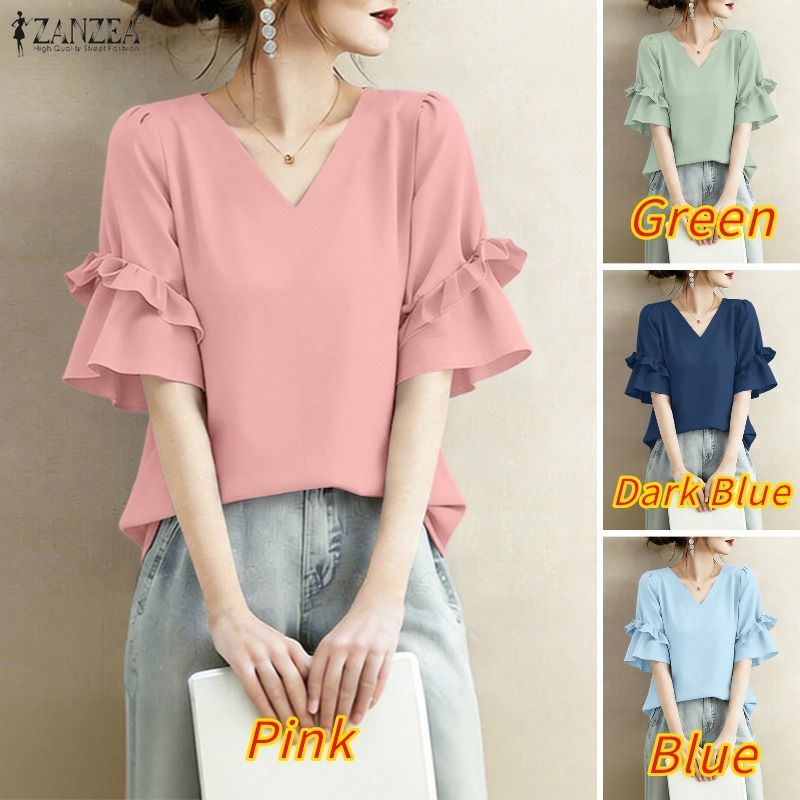 ZANZEA เสื้อผ้าแฟชั่นเกาหลี ทรง Elegant V-neck พร้อมกระดุมระบายสองชั้น เหมาะสำหรับวันสำคัญหรือโอกาสพิเศษ — صورة 3