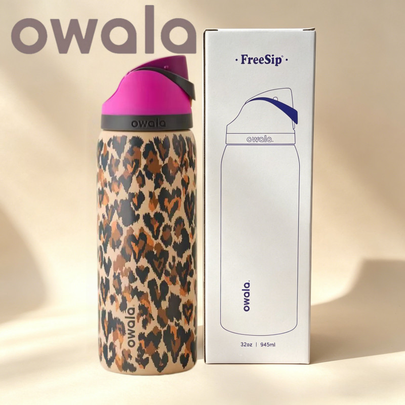 Owala UO Exclusive Leopard FreeSip 32oz Tumbler - ขวดน้ําหุ้มฉนวนสแตนเลส, ถ้วยป้องกันการรั่วสูญญากาศผนังคู่สําหรับการเดินทางยิม