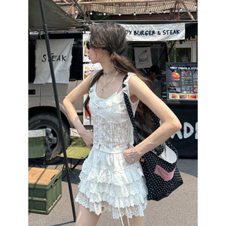 Vogue🌟พร้อมส่ง🌟 เสื้อกล้ามลูกไม้ซีทรู ติดกระดุม ผ้านุ่มลืนยืดตามตัว สไตล์เกาหลี (FY5128)
