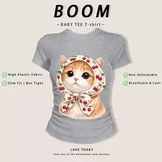 COD จัดส่งภายใน 24 ชั่วโมง เสื้อครอปแขนสั้นผู้หญิงลายแมวเชอร์รี่คาวาอี้ ผ้ายืดแฟชั่น ไม่ย้วย ระบายอากาศได้ดี ใส่สบาย