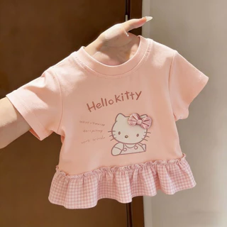 [ZY] 80-130 พร้อมสต็อกเด็กเสื้อยืดแขนสั้นลําลองสีชมพู Ruffled ลายสก๊อต T หญิงน่ารัก Bottoming เสื้อการ์ตูน All-Match Top เสื้อผ้าเด็กแฟชั่น Fast Shipping