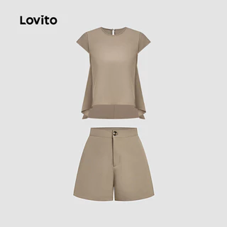 Lovito ชุดกางเกงขาสั้นแคชชวลพร้อมพลีท สำหรับฤดูใบไม้ผลิ/ฤดูร้อน สีคากี L154ED206